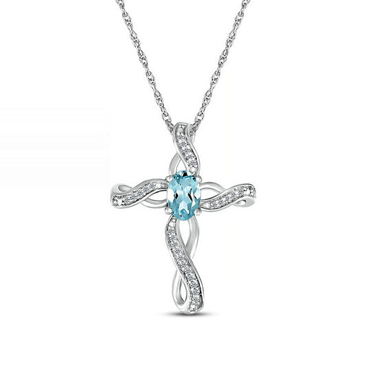 Oval Aquamarine and 0.05 CT. T.W. Natural Diamond Infinity Ribbon Cross Pendant in 10K White Gold