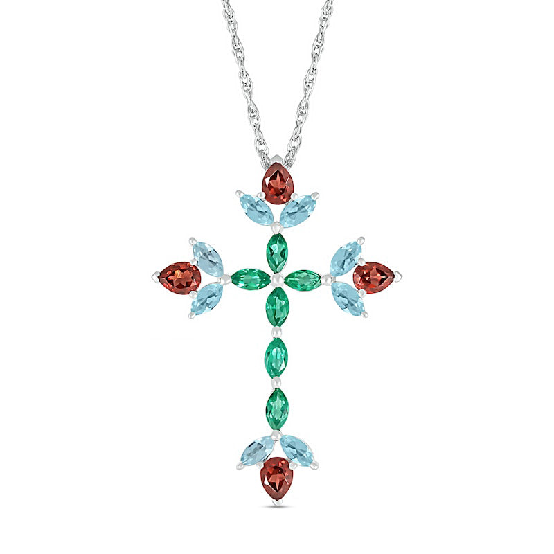 Pear-Shaped Garnet with Marquise Aquamarine and Lab-Created Emerald Floral Cross Pendant in Sterling Silver