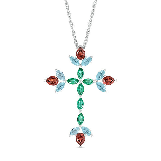 Pear-Shaped Garnet with Marquise Aquamarine and Lab-Created Emerald Floral Cross Pendant in Sterling Silver