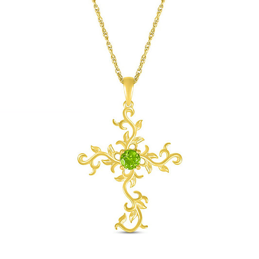 4.0mm Peridot Filigree Leaf Vine Cross Pendant in 10K Yellow Gold