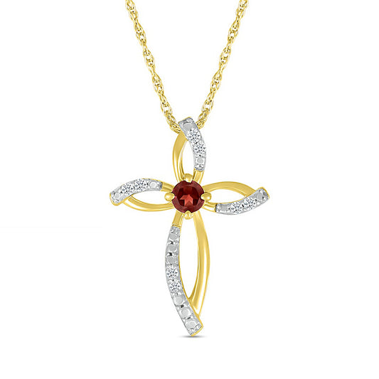 3.0mm Garnet and 0.05 CT. T.W. Natural Diamond Bypass Ribbon Loop Cross Pendant in 10K Yellow Gold