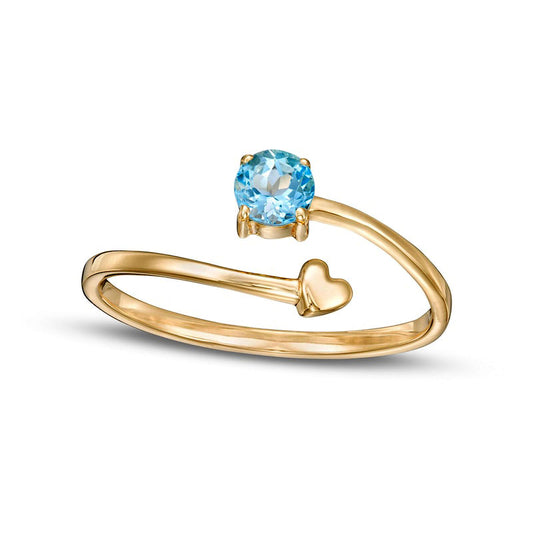 4.0mm Swiss Blue Topaz and Polished Heart Open Wrap Ring in Solid 10K Yellow Gold