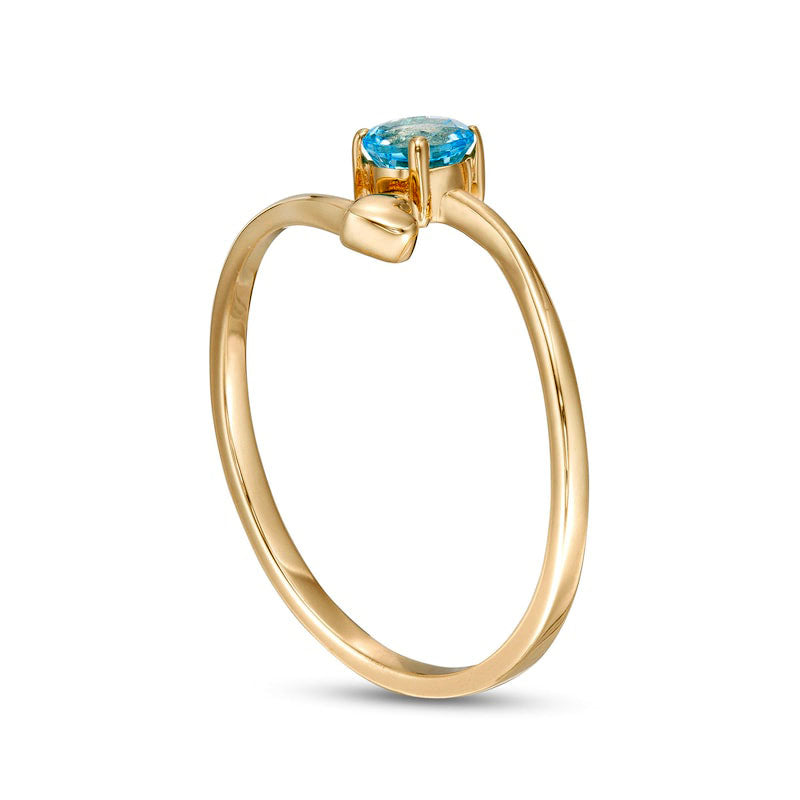 4.0mm Swiss Blue Topaz and Polished Heart Open Wrap Ring in Solid 10K Yellow Gold