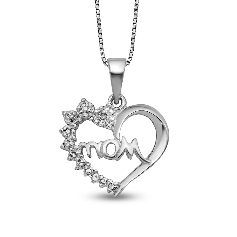 Natural Diamond Accent Beaded Flower Cluster "Mom" Shadow Heart Pendant in Sterling Silver – 16"