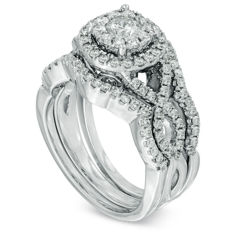 Previously Owned - 1.25 CT. T.W. Natural Diamond Cluster Bridal Engagement Ring Set in Solid 14K White Gold