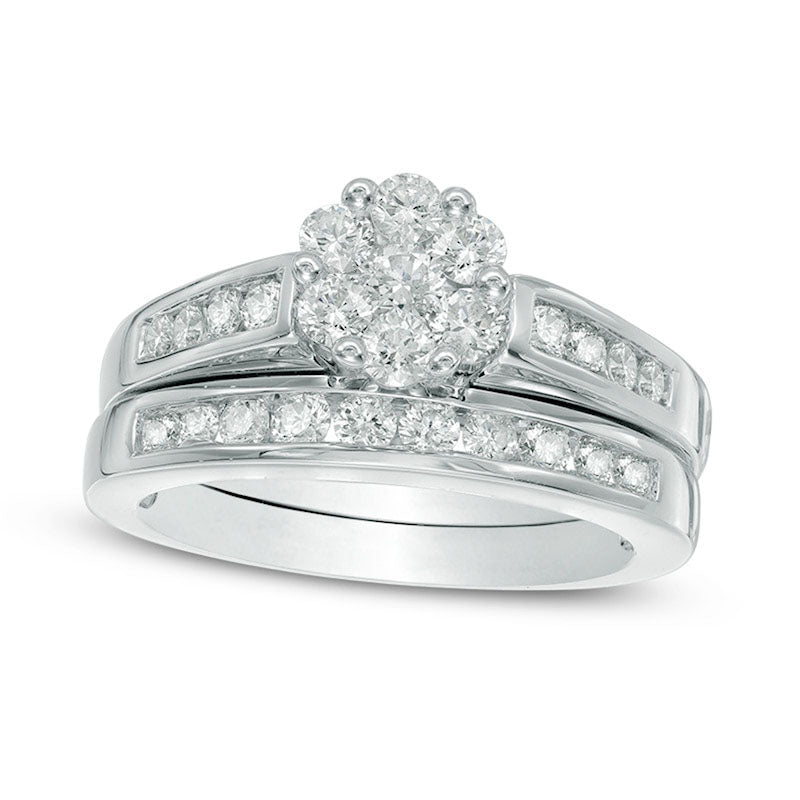 Previously Owned - 1.0 CT. T.W. Natural Diamond Flower Bridal Engagement Ring Set in Solid 10K White Gold