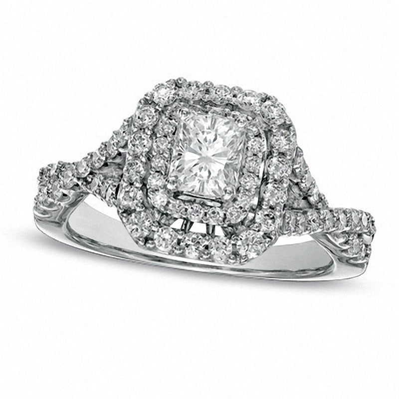 Previously Owned - 1.25 CT. T.W. Certified Radiant-Cut Natural Diamond Frame Engagement Ring in Solid 14K White Gold (I/I1)