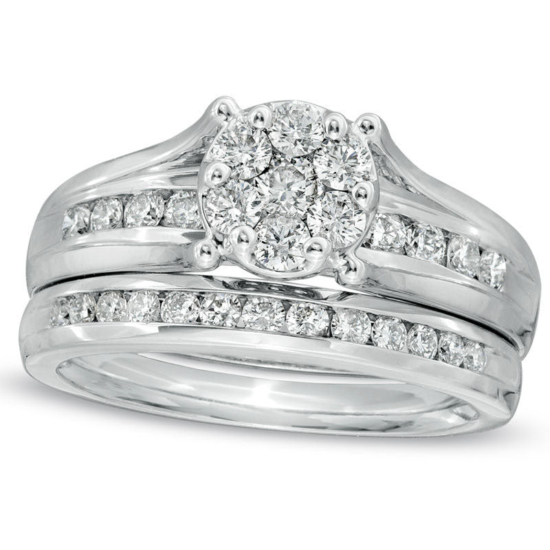 Previously Owned - 1.0 CT. T.W. Natural Diamond Cluster Bridal Engagement Ring Set in Solid 10K White Gold