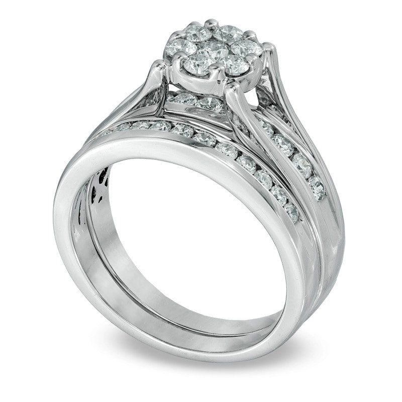 Previously Owned - 1.0 CT. T.W. Natural Diamond Cluster Bridal Engagement Ring Set in Solid 10K White Gold