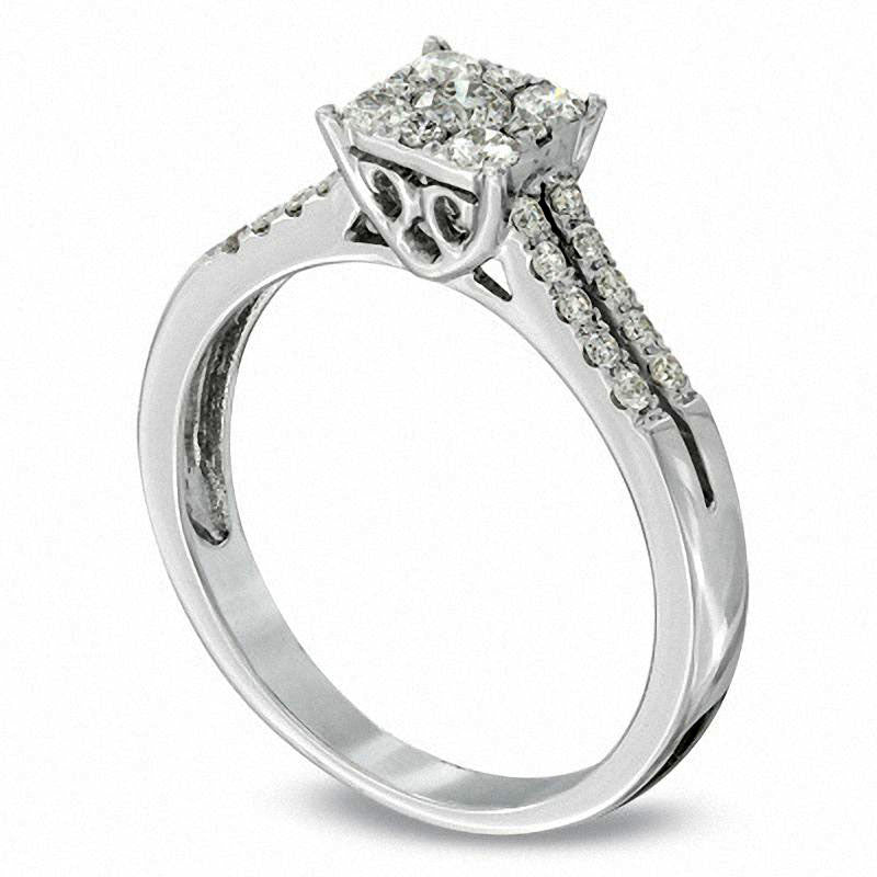 Previously Owned - 0.50 CT. T.W. Natural Diamond Square Cluster Engagement Ring in Solid 14K White Gold