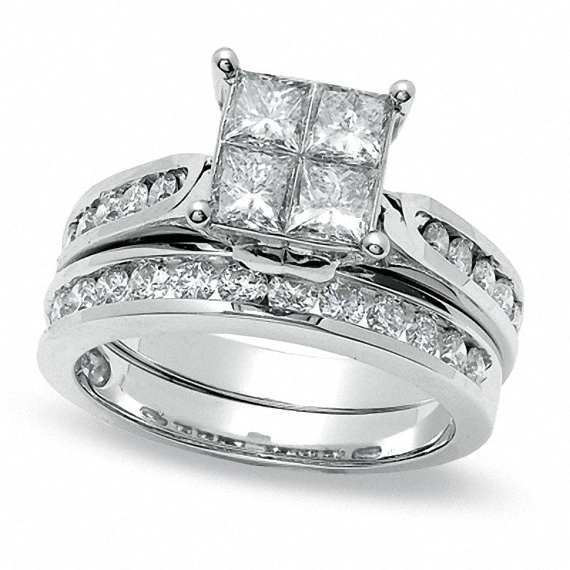 Previously Owned - 2.0 CT. T.W. Quad Princess-Cut Natural Diamond Bridal Engagement Ring Set in Solid 14K White Gold