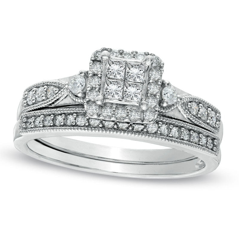 Previously Owned - 0.50 CT. T.W. Quad Princess-Cut Natural Diamond Antique Vintage-Style Bridal Engagement Ring Set in Solid 10K White Gold