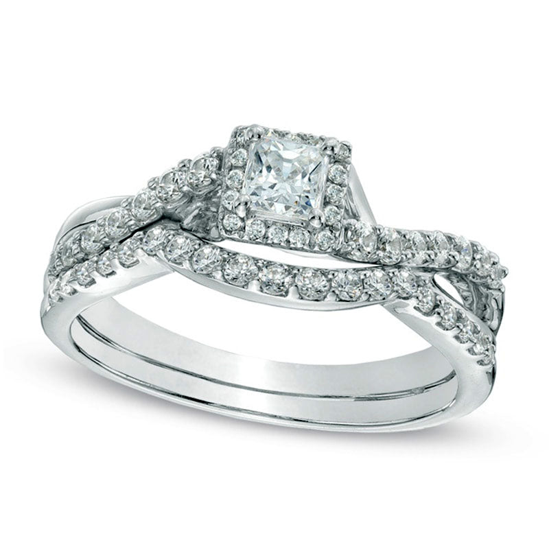 Previously Owned - 0.75 CT. T.W. Princess-Cut Natural Diamond Frame Twist Shank Bridal Engagement Ring Set in Solid 10K White Gold