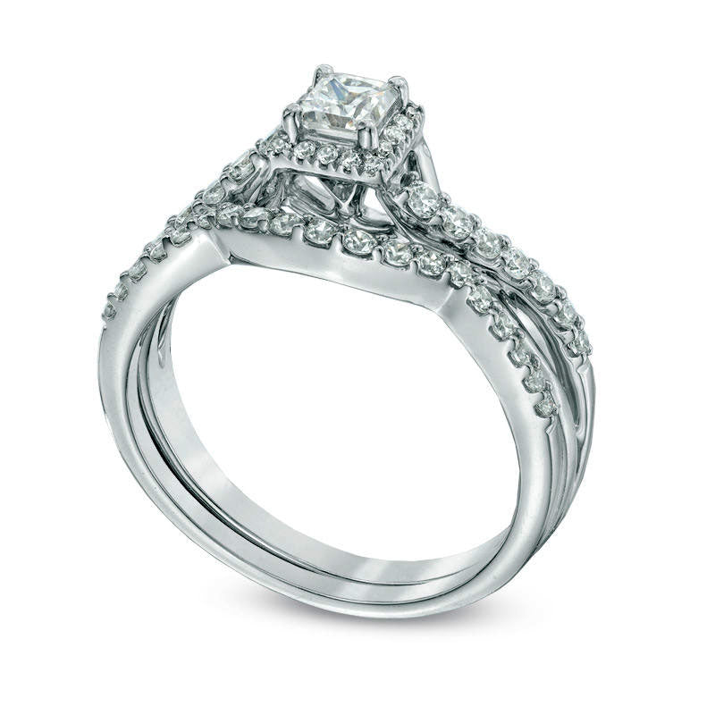 Previously Owned - 0.75 CT. T.W. Princess-Cut Natural Diamond Frame Twist Shank Bridal Engagement Ring Set in Solid 10K White Gold