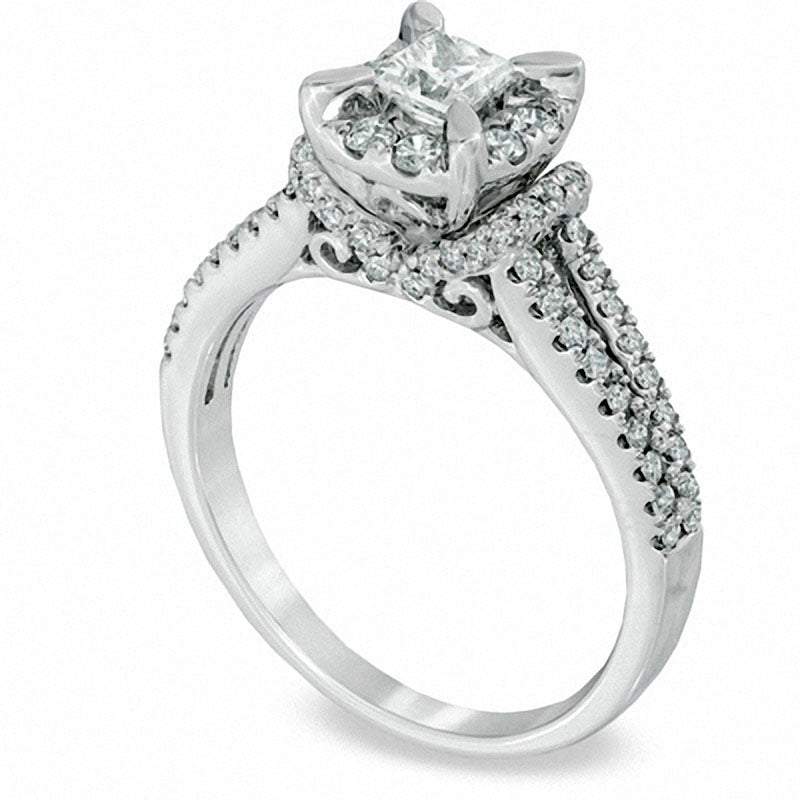 Previously Owned - 1.0 CT. T.W. Princess-Cut Natural Diamond Antique Vintage-Style Engagement Ring in Solid 14K White Gold