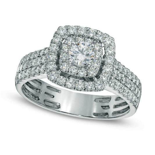 Previously Owned - 1.0 CT. T.W. Natural Diamond Double Frame Triple Row Engagement Ring in Solid 14K White Gold