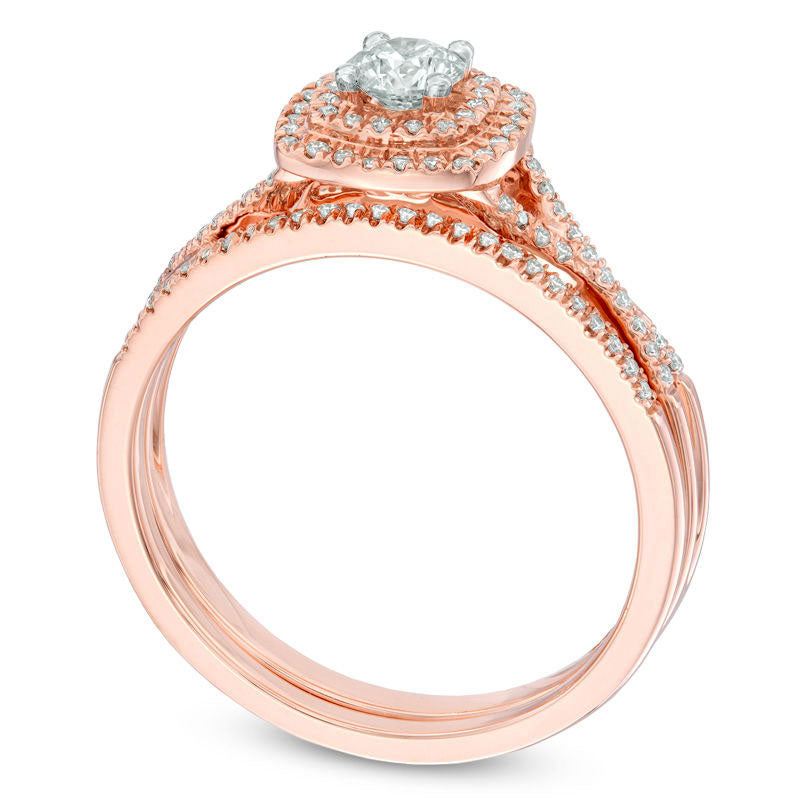 Previously Owned - 0.50 CT. T.W. Natural Diamond Double Square Frame Twist Bridal Engagement Ring Set in Solid 14K Rose Gold