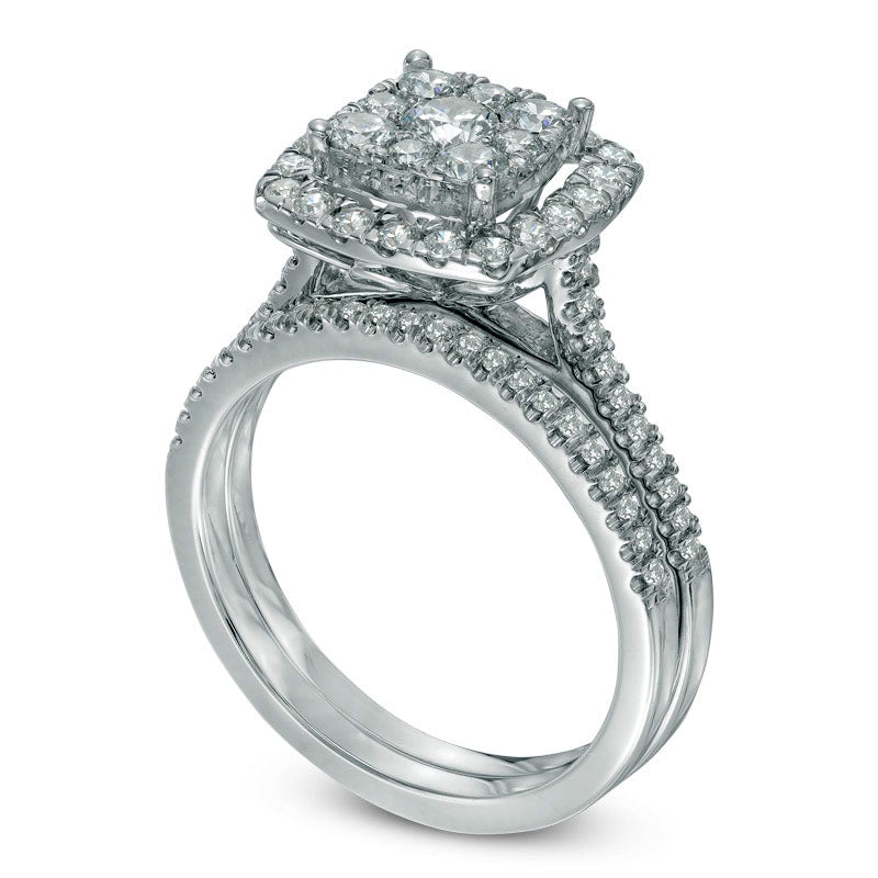 Previously Owned - 1.0 CT. T.W. Composite Natural Diamond Square Frame Bridal Engagement Ring Set in Solid 10K White Gold