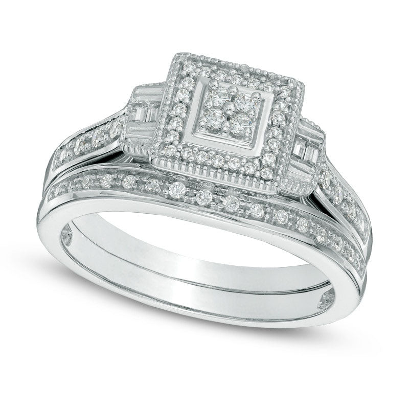 Previously Owned - 0.25 CT. T.W. Quad Natural Diamond Square Frame Bridal Engagement Ring Set in Sterling Silver