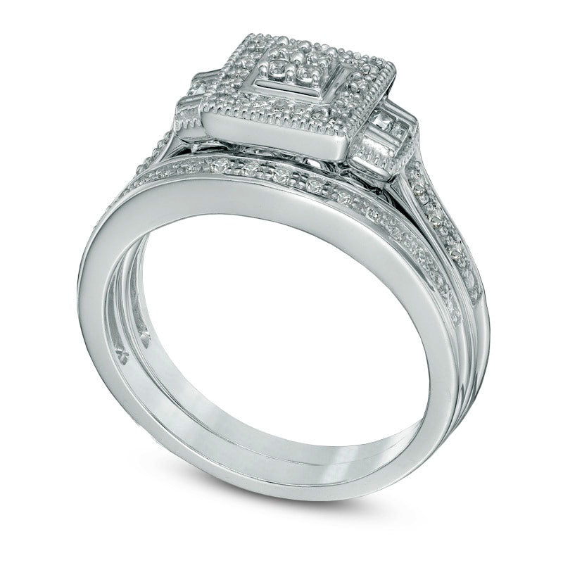 Previously Owned - 0.25 CT. T.W. Quad Natural Diamond Square Frame Bridal Engagement Ring Set in Sterling Silver