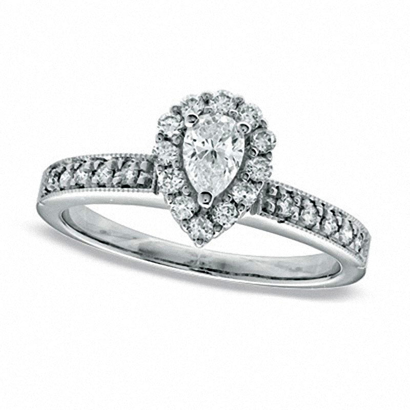 Previously Owned - 0.63 CT. T.W. Pear-Shaped Natural Diamond Frame Engagement Ring in Solid 14K White Gold