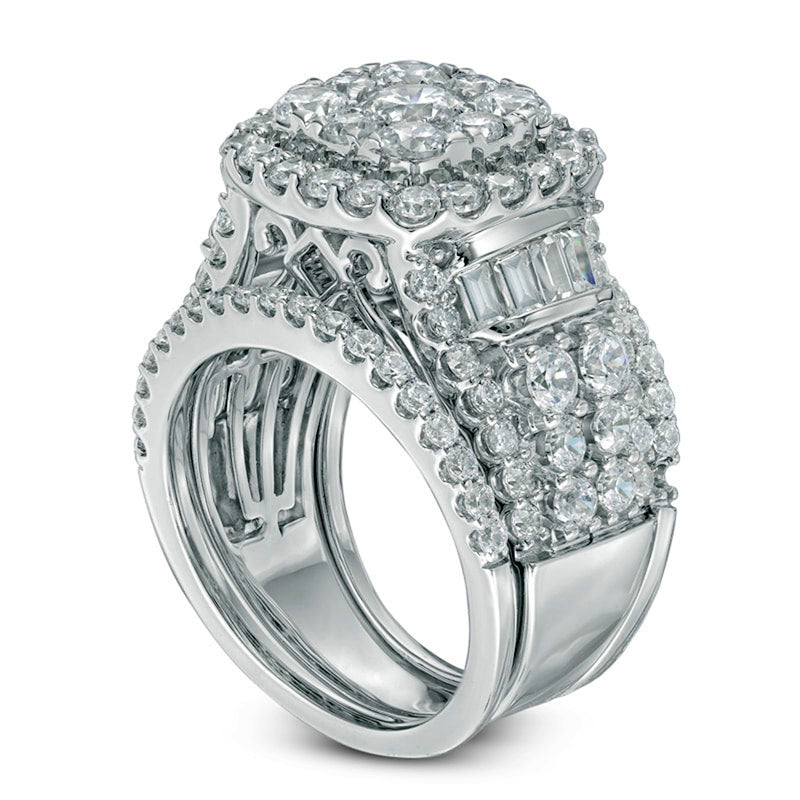 Previously Owned - 4 CT. T.W. Natural Diamond Cluster Frame Three Piece Bridal Engagement Ring Set in Solid 14K White Gold