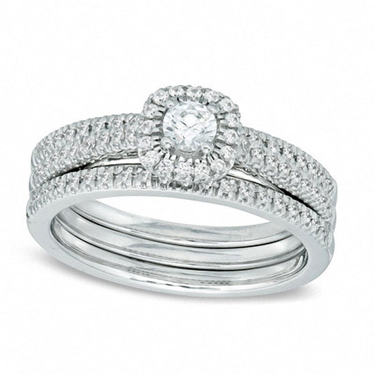 Previously Owned - 0.50 CT. T.W. Natural Diamond Frame Three Piece Bridal Engagement Ring Set in Solid 14K White Gold