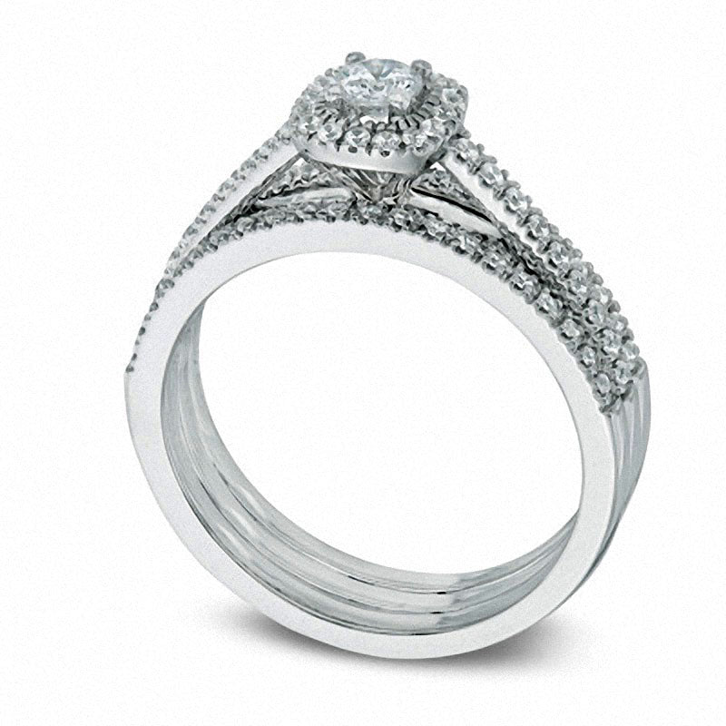 Previously Owned - 0.50 CT. T.W. Natural Diamond Frame Three Piece Bridal Engagement Ring Set in Solid 14K White Gold