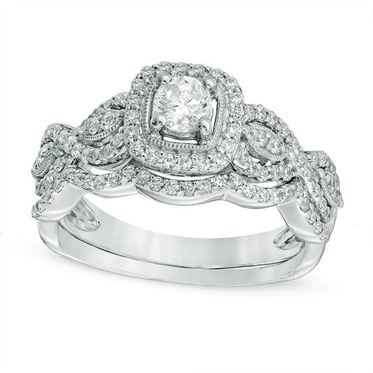 Previously Owned - 0.75 CT. T.W. Natural Diamond Square Frame Antique Vintage-Style Bridal Engagement Ring Set in Solid 10K White Gold