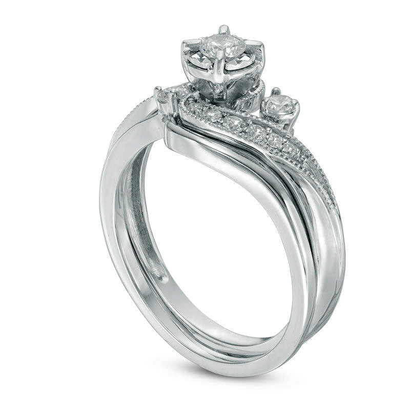 Previously Owned - 0.38 CT. T.W. Slant Three Stone Bridal Engagement Ring Set in Solid 10K White Gold