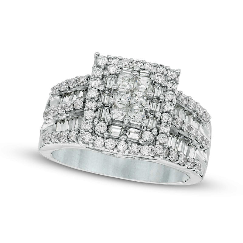 Previously Owned - 1.5 CT. T.W. Square Composite Natural Diamond Frame Two Row Engagement Ring in Solid 14K White Gold