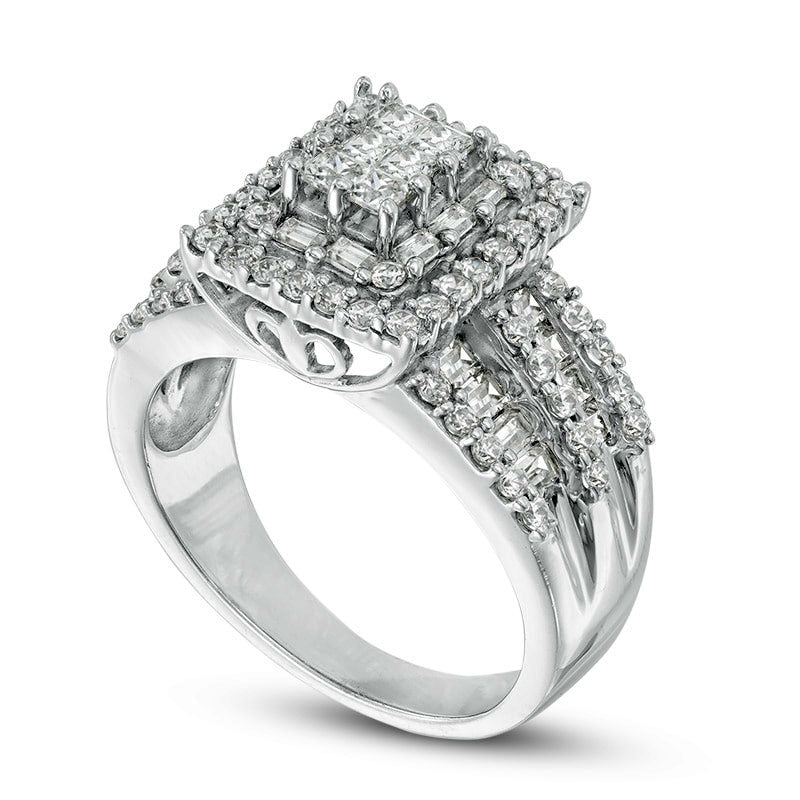 Previously Owned - 1.5 CT. T.W. Square Composite Natural Diamond Frame Two Row Engagement Ring in Solid 14K White Gold