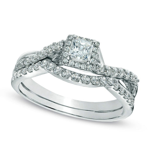 Previously Owned - 0.75 CT. T.W. Princess-Cut Natural Diamond Frame Twist Shank Bridal Engagement Ring Set in Solid 10K White Gold