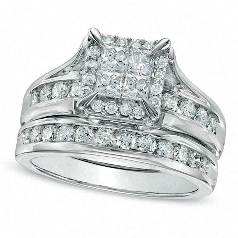 Previously Owned - 1.5 CT. T.W. Quad Princess-Cut Natural Diamond Bridal Engagement Ring Set in Solid 14K White Gold