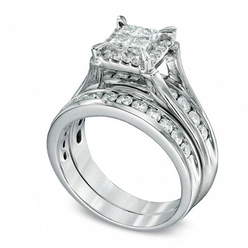 Previously Owned - 1.5 CT. T.W. Quad Princess-Cut Natural Diamond Bridal Engagement Ring Set in Solid 14K White Gold