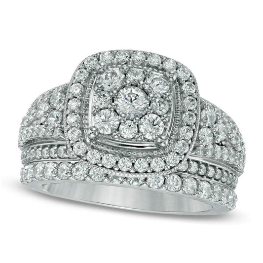 Previously Owned - 1.75 CT. T.W. Natural Diamond Frame Cluster Bridal Engagement Ring Set in Solid 14K White Gold