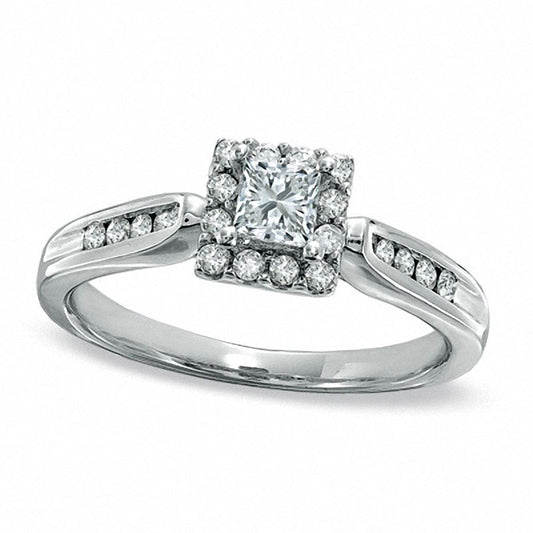 Previously Owned - 0.50 CT. T.W. Princess-Cut Natural Diamond Framed Engagement Ring in Solid 14K White Gold