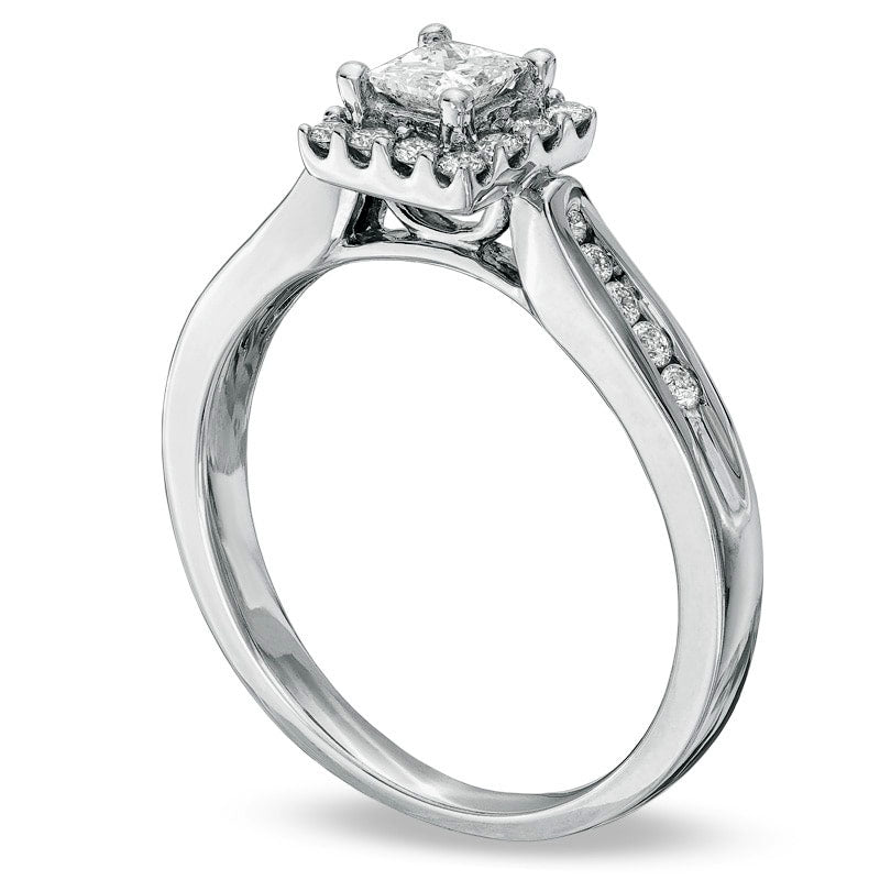 Previously Owned - 0.50 CT. T.W. Princess-Cut Natural Diamond Framed Engagement Ring in Solid 14K White Gold