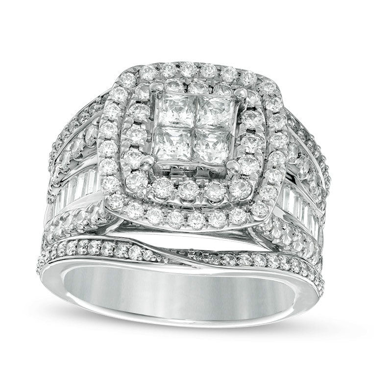 Previously Owned - 2.5 CT. T.W. Quad Princess-Cut Natural Diamond Double Frame Multi-Row Engagement Ring in Solid 14K White Gold