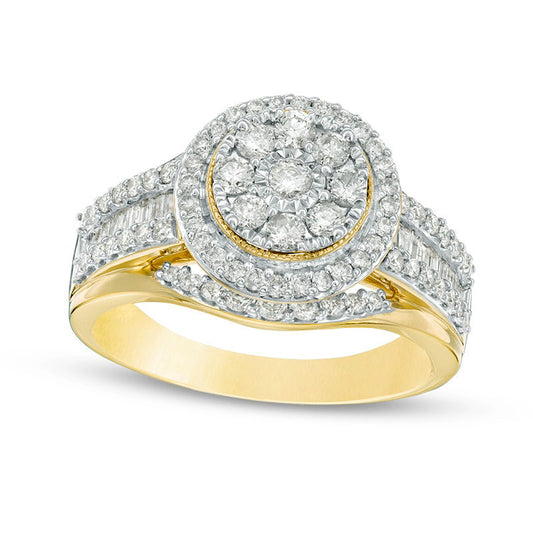 Previously Owned - 1.0 CT. T.W. Composite Natural Diamond Frame Multi-Row Antique Vintage-Style Engagement Ring in Solid 10K Yellow Gold