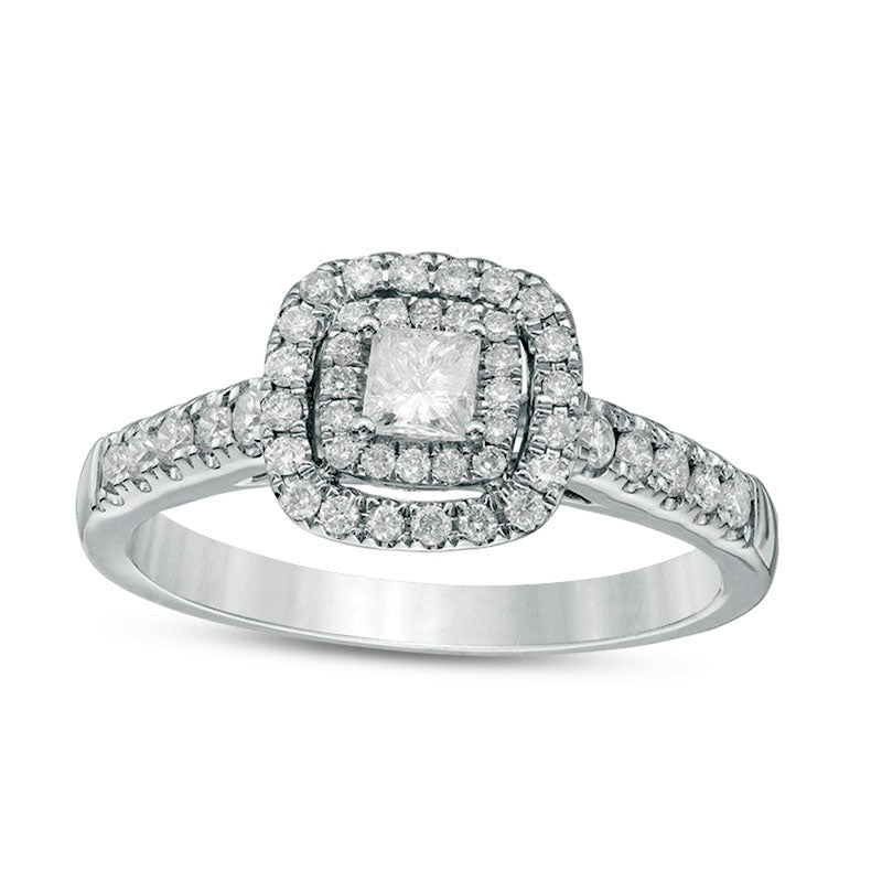 Previously Owned - 0.50 CT. T.W. Princess-Cut Natural Diamond Double Frame Engagement Ring in Solid 14K White Gold