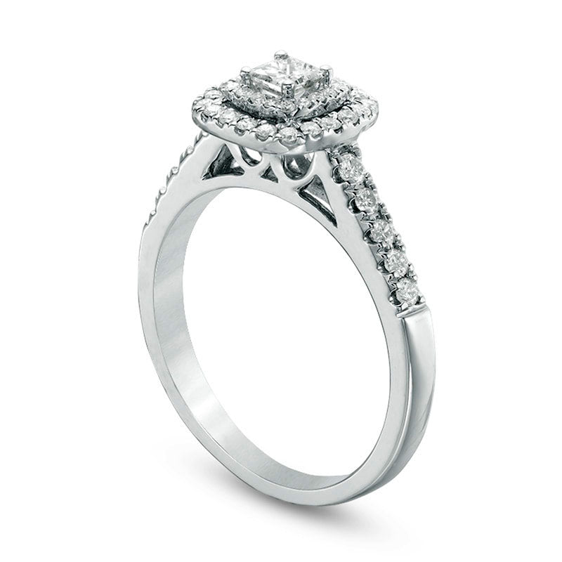 Previously Owned - 0.50 CT. T.W. Princess-Cut Natural Diamond Double Frame Engagement Ring in Solid 14K White Gold