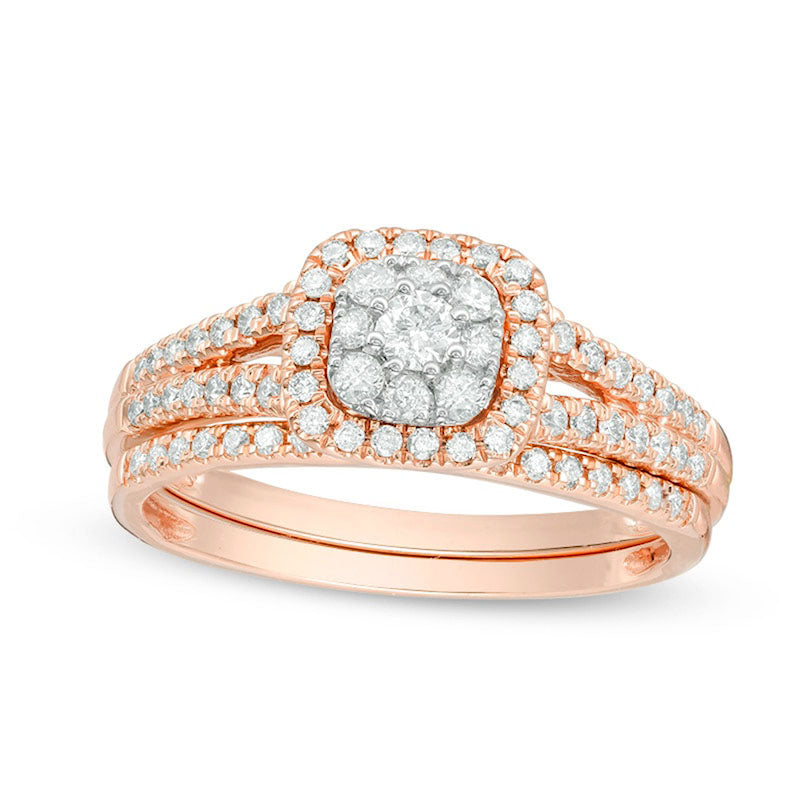 Previously Owned - 0.50 CT. T.W. Composite Natural Diamond Cushion Frame Bridal Engagement Ring Set in Solid 14K Rose Gold