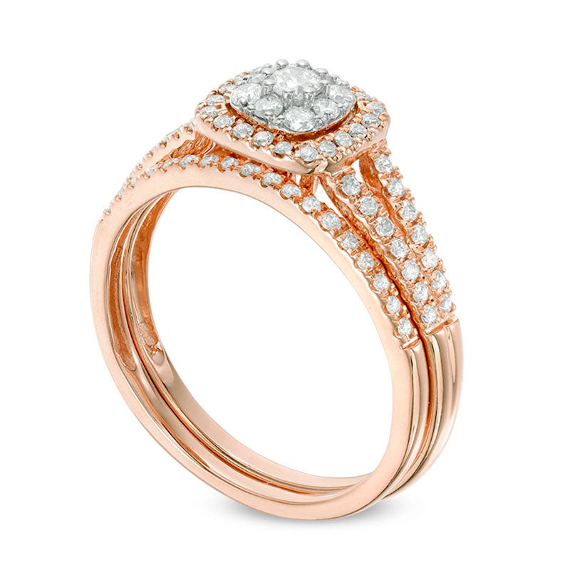 Previously Owned - 0.50 CT. T.W. Composite Natural Diamond Cushion Frame Bridal Engagement Ring Set in Solid 14K Rose Gold