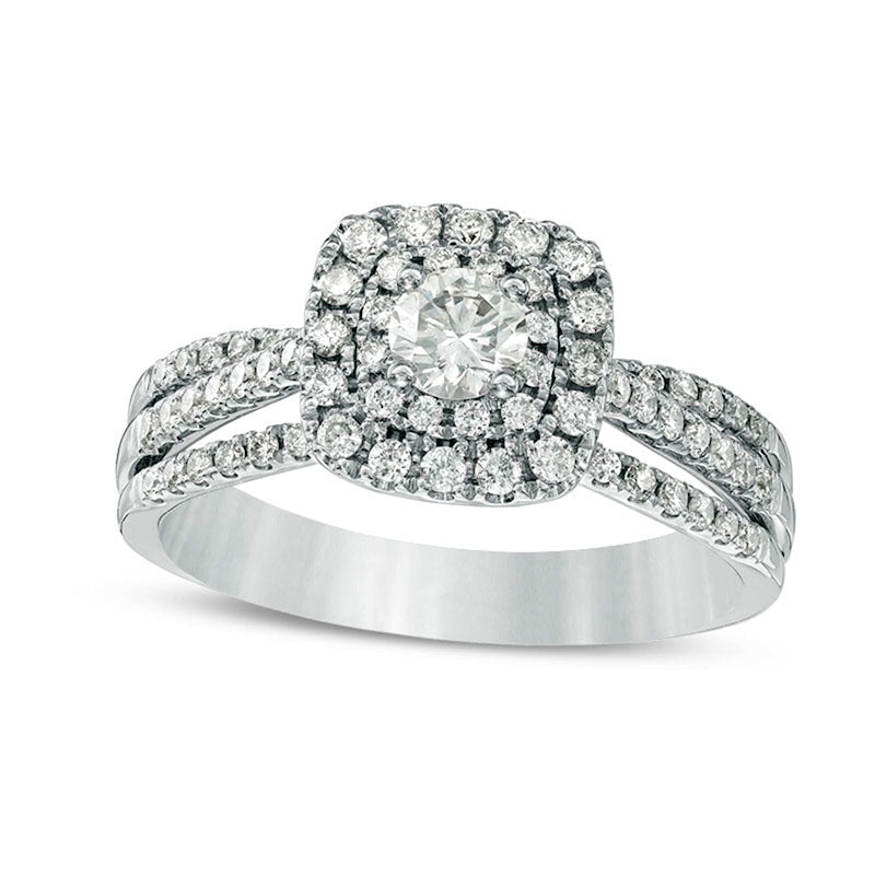 Previously Owned - 0.75 CT. T.W. Natural Diamond Double Cushion Frame Multi-Row Split Shank Engagement Ring in Solid 14K White Gold