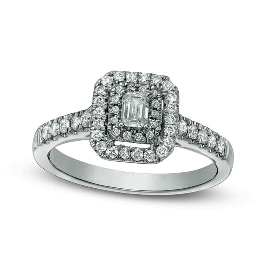 Previously Owned - 0.50 CT. T.W. Emerald-Cut Natural Diamond Double Frame Engagement Ring in Solid 14K White Gold