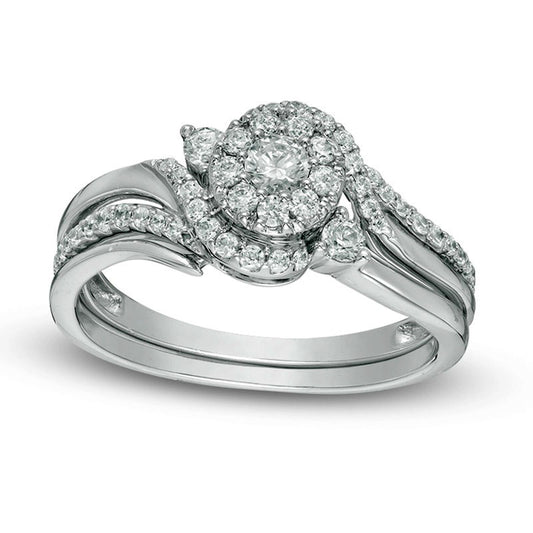 Previously Owned - 0.50 CT. T.W. Natural Diamond Swirl Bypass Frame Bridal Engagement Ring Set in Solid 10K White Gold