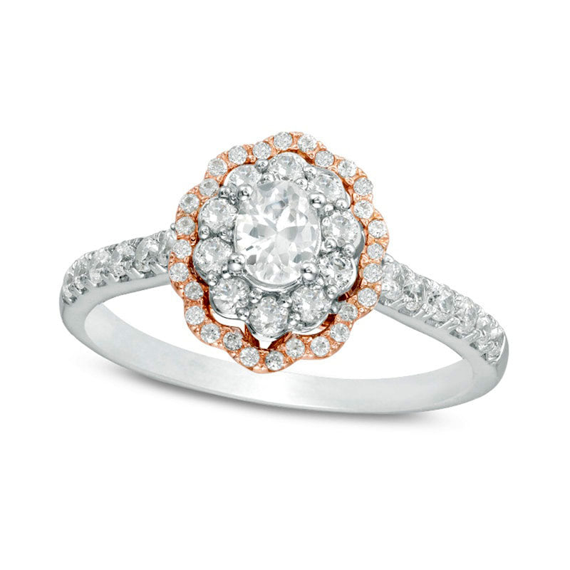 Previously Owned - 0.75 CT. T.W. Oval Natural Diamond Double Scallop Frame Engagement Ring in Solid 14K Two-Tone Gold