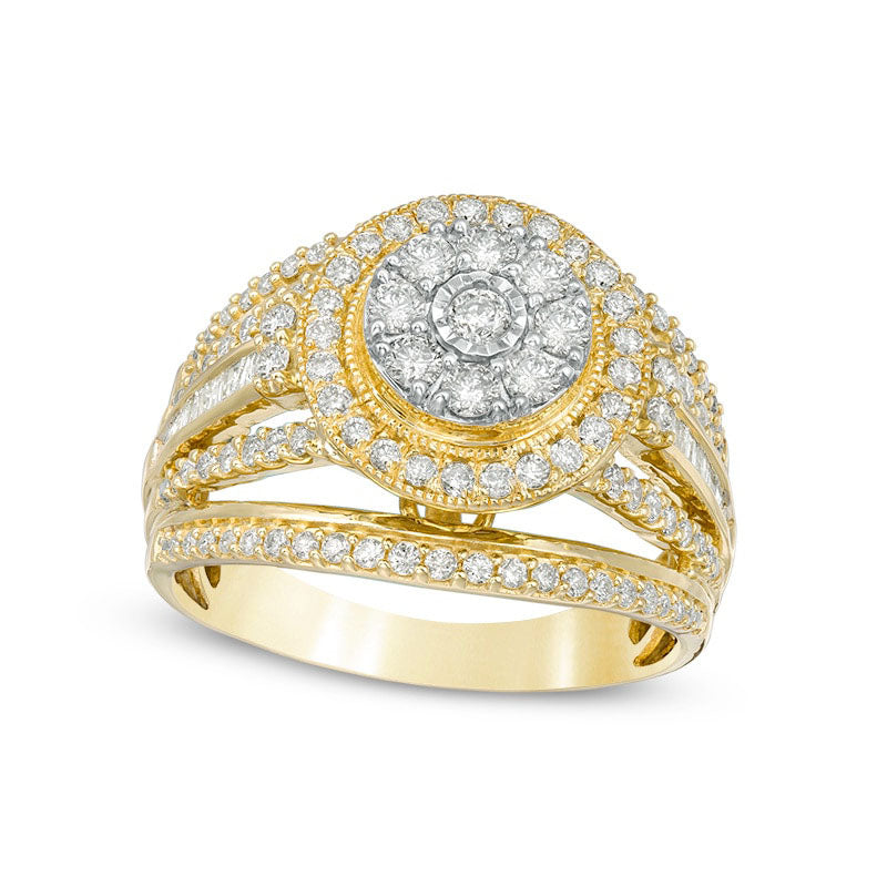 Previously Owned - 1.0 CT. T.W. Composite Natural Diamond Double Frame Multi-Row Antique Vintage-Style Engagement Ring in Solid 10K Yellow Gold