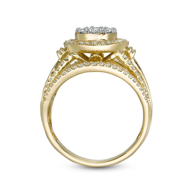 Previously Owned - 1.0 CT. T.W. Composite Natural Diamond Double Frame Multi-Row Antique Vintage-Style Engagement Ring in Solid 10K Yellow Gold